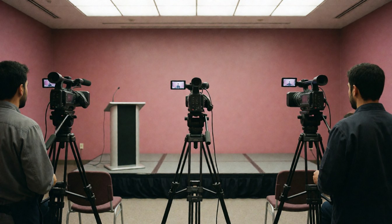 Trois caméras vidéo sur trépieds prêtes à enregistrer sur un plateau avec podium et murs roses, idéal pour les vidéastes professionnels.