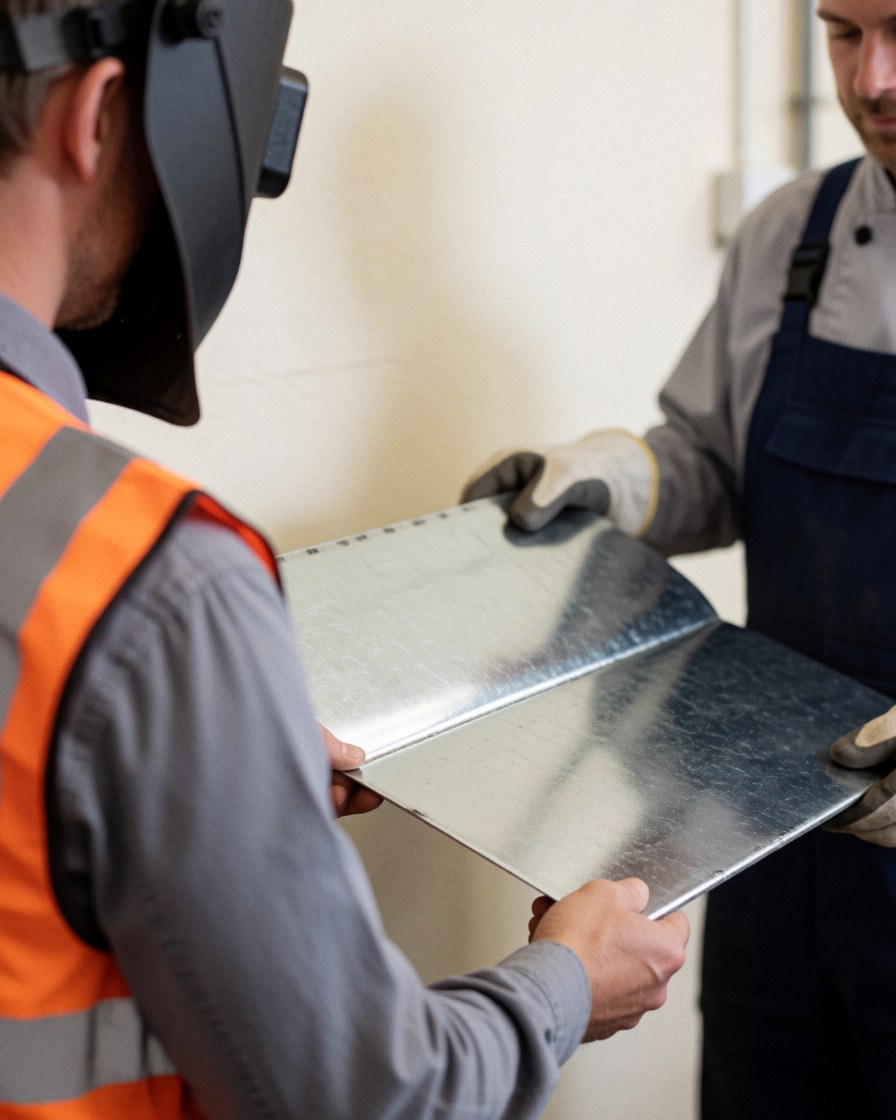 Un client portant un gilet de sécurité examine une plaque d'acier galvanisé dans un atelier industriel avec un travailleur.