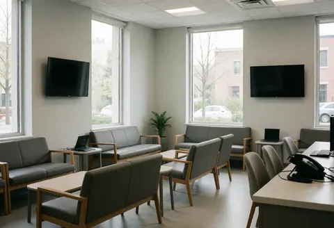 Salle d'attente moderne avec canapés gris, grandes fenêtres et murs gris, idéale pour une clinique de dépilation laser