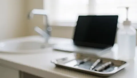Arrière-plan flou d'une station de perçage avec lavabo, plateau métallique contenant des outils et une bouteille de solution saline, éclairage doux et professionnel.