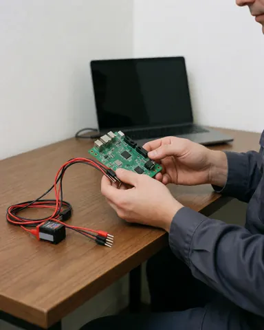 Des mains ajustant une carte verte avec des câbles rouges sur une table en bois, une ordinateur portable en arrière-plan.