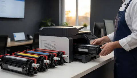 Un professionnel insère une cartouche d'encre noire dans une imprimante numérique. Des toners colorés sont alignés en arrière-plan dans un bureau aux murs gris éclairé par la lumière du coucher de soleil.