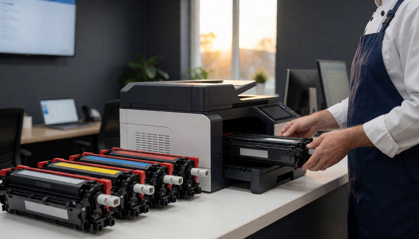 Un professionnel insère une cartouche d'encre noire dans une imprimante numérique. Des toners colorés sont alignés en arrière-plan dans un bureau aux murs gris éclairé par la lumière du coucher de soleil.
