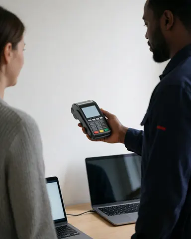 Un plombier montre un terminal de paiement à un client dans un bureau moderne et propre, avec un ordinateur portable visible sur le bureau.