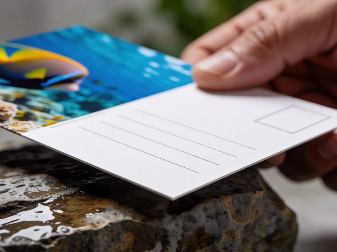 Une carte postale affichant une adresse et un timbre, tenue par une main au-dessus d'une roche humide, avec des poissons tropicaux en arrière-plan sous l'eau.