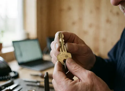 Un réparateur de serrures tient une clé de sécurité en bronze avec des détails précis dans un atelier aux murs en bois et à la lumière naturelle.