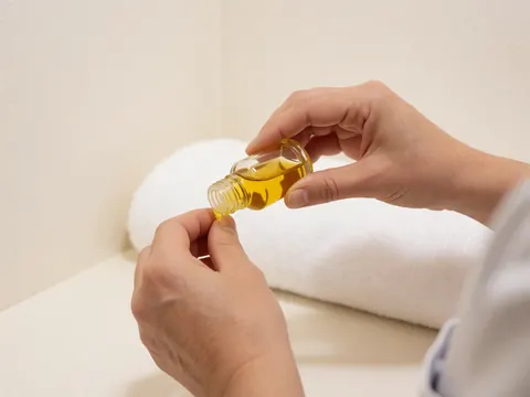 Des mains versent de l'huile essentielle sur une serviette blanche dans un cadre de massage geriatrique aux murs chauds et propres.
