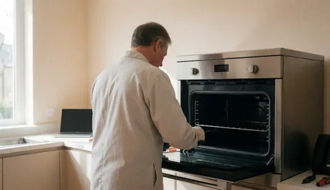 Technicien en gant travaillant sur un four en acier inoxydable dans une cuisine moderne aux murs beige et à la lumière naturelle, service de réparation de fours.
