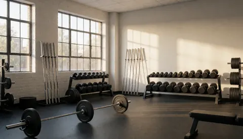 Intérieur d'un gymnase contemporain équipé de barres et de racks à poids, éclairé par une lumière naturelle matinale à travers des fenêtres industrielles.