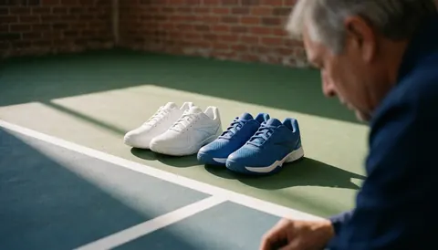 Chaussures de tennis blanches et bleues posées sur un court de tennis vert avec un mur en briques et un instructeur de tennis adulte en silhouette.