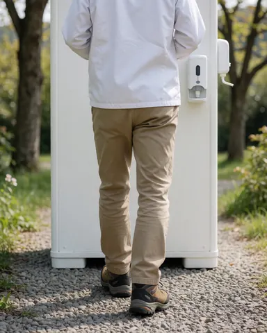 Vue arrière d'une personne utilisant des toilettes portables blanches sur un chemin de gravier entouré d'arbres avec un distributeur de gel visible.