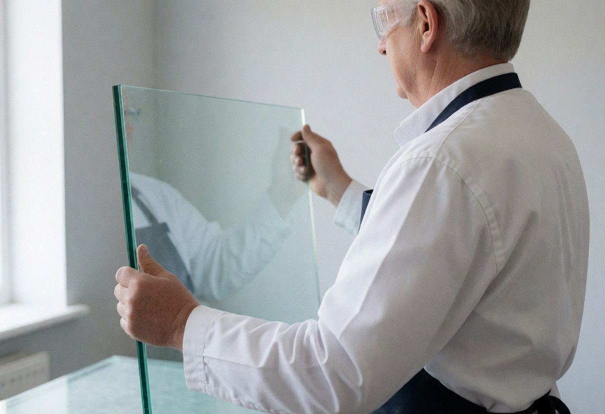 Un artisan verrier équipé de lunettes de sécurité manipule un grand panneau de verre dans un atelier baigné de lumière naturelle.