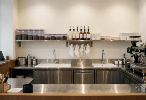 Préparation de café dans un local avec évier en acier inoxydable, contenants de grains, bouteilles de sirop et serviettes blanches suspendues.