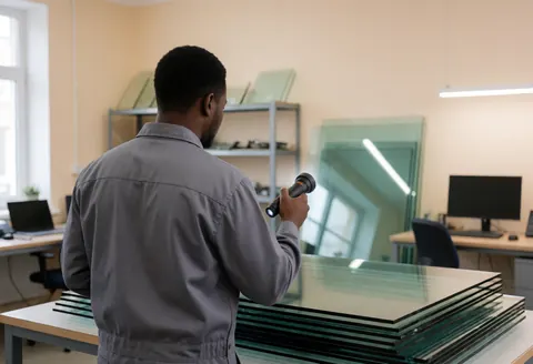 Un employé en uniforme gris examine des panneaux de verre à la lampe de poche dans un atelier de recyclage automobile.