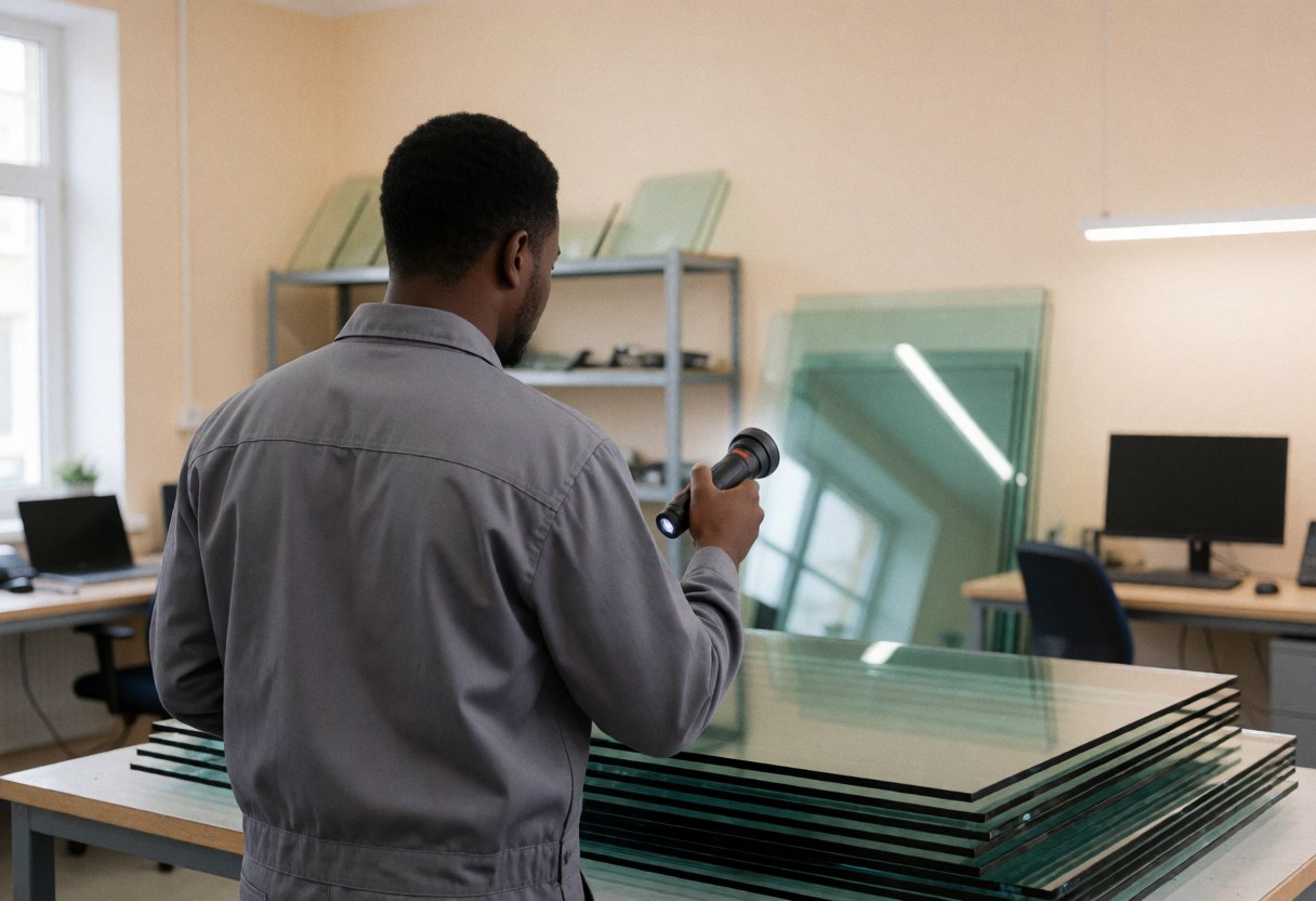 Un employé en uniforme gris examine des panneaux de verre à la lampe de poche dans un atelier de recyclage automobile.