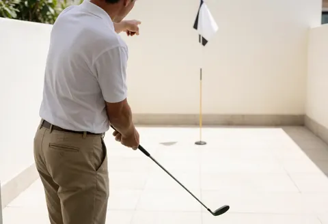 Instructeur de golf pointant vers le drapeau dans une zone d'entraînement avec un sol carrelé et des murs clairs.