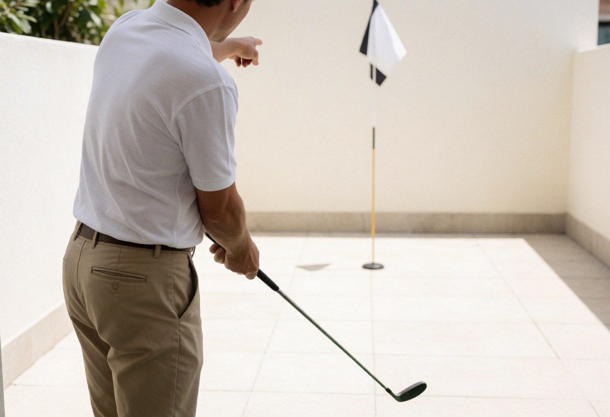 Instructeur de golf pointant vers le drapeau dans une zone d'entraînement avec un sol carrelé et des murs clairs.