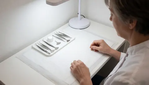 Une technicienne prépare son poste de travail avec des pinces et des outils stériles dans un salon propre et bien rangé.