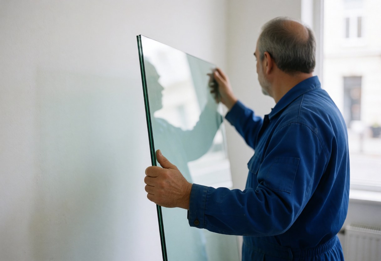 Un professionnel en uniforme bleu pose un vitrage sur un mur blanc, éclairé par la lumière naturelle, illustrant une intervention technique.