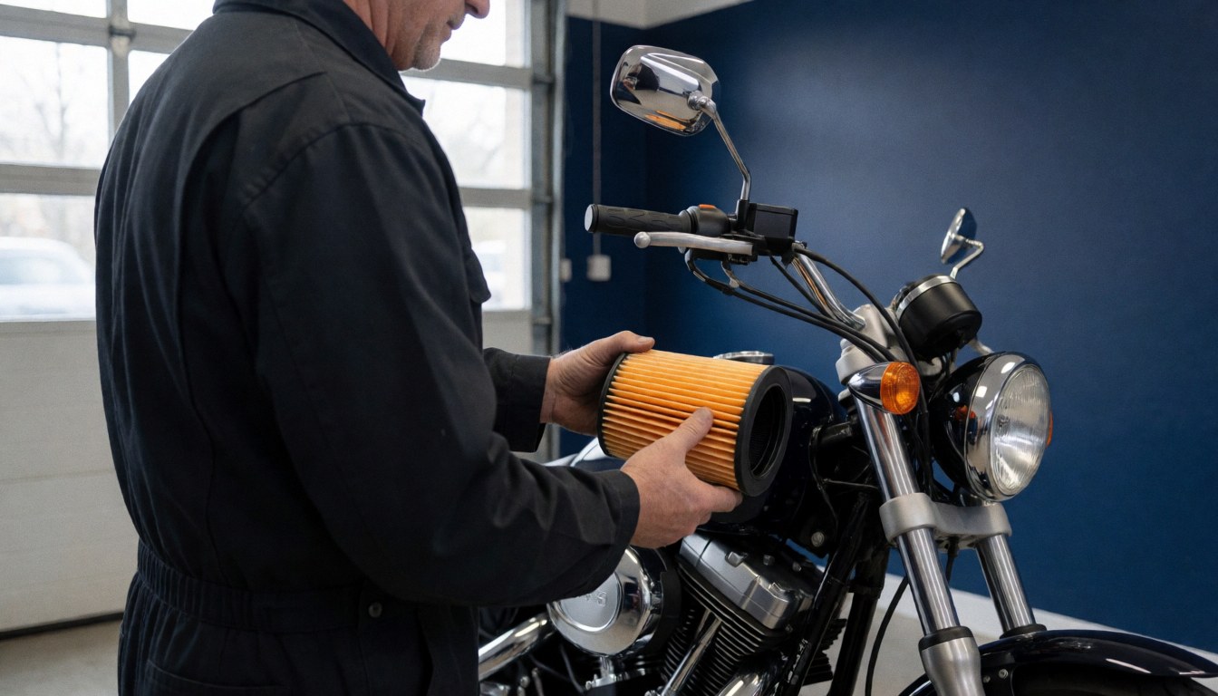Mécanicien tenant un filtre à air orange près du moteur d'une moto dans un atelier avec un mur bleu foncé et une lumière naturelle.