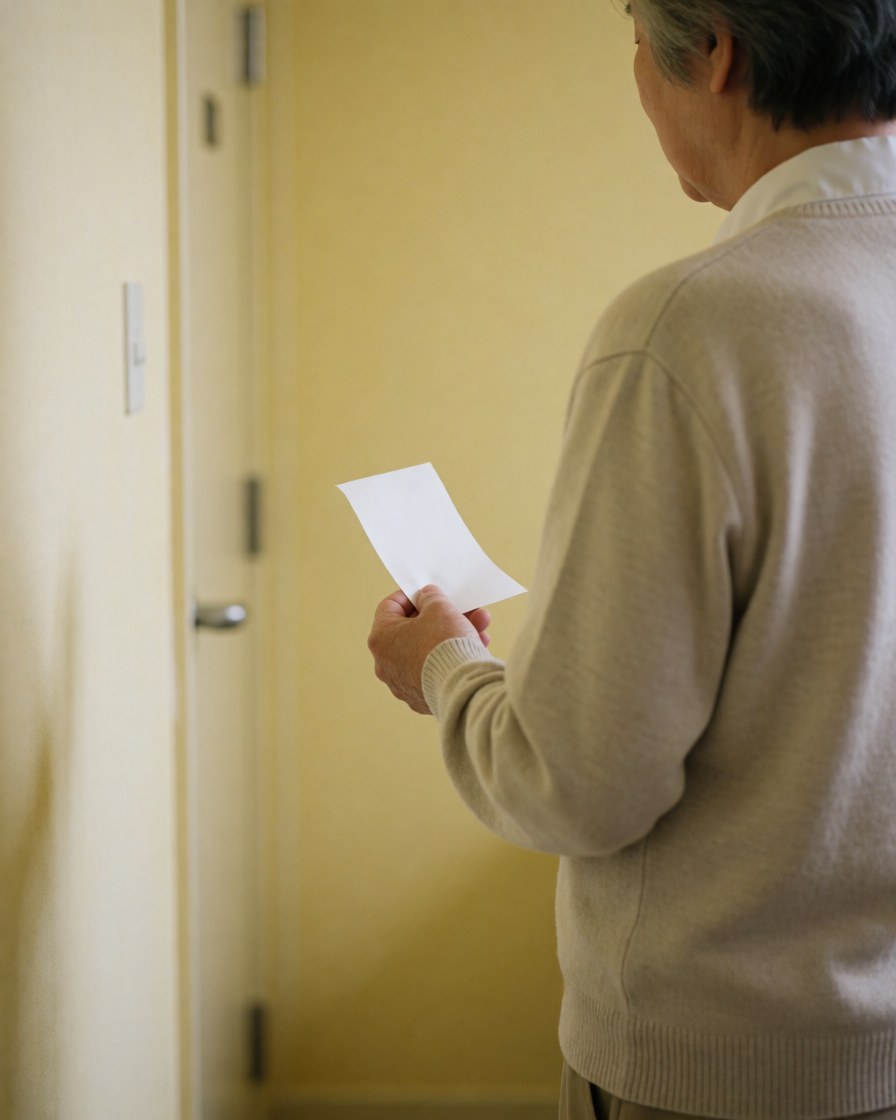 Vue arrière d'une cliente âgée tenant un reçu blanc, debout devant une porte fermée dans un salon aux murs jaunes pâles, ambiance calme de spa.