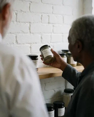Une cliente de dos examine une jarre de remède dans un magasin de médecine traditionnelle avec un mur en briques blanches et une étagère en bois.