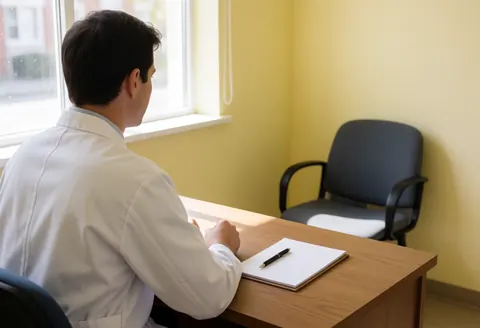 Un praticien en blouse blanche se tient près d'une chaise vide dans un bureau aux murs jaunes, évoquant un espace de consultation calme et professionnel.