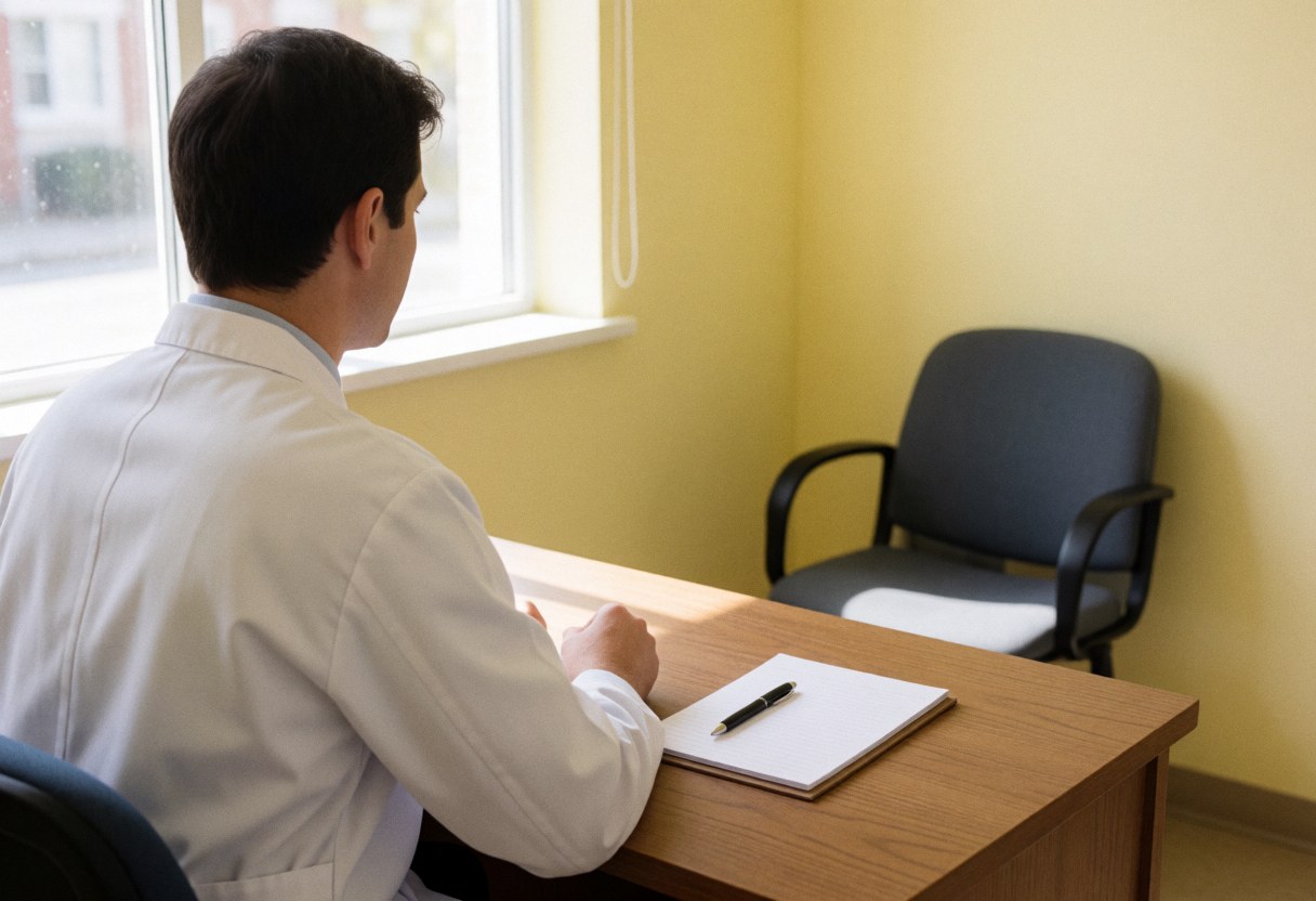 Un praticien en blouse blanche se tient près d'une chaise vide dans un bureau aux murs jaunes, évoquant un espace de consultation calme et professionnel.