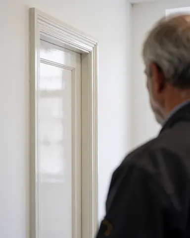 Un client inspecte un cadre de porte restauré avec un fini brillant dans un atelier de restauration de meubles aux murs blancs et à la lumière naturelle.