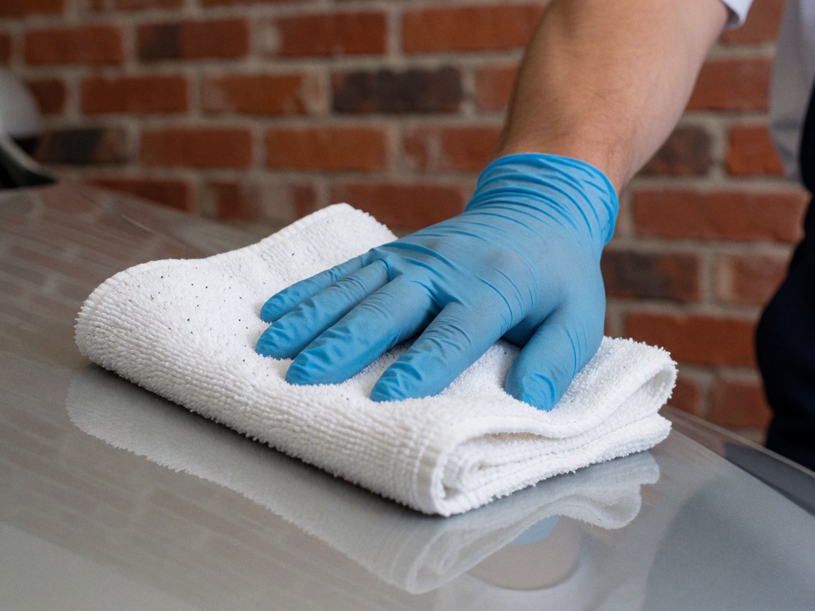 Main portant un gant bleu frottant le capot avec une serviette blanche sur fond de mur de briques rouges dans un centre de lavage automobile.