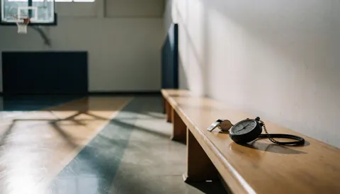 Chronomètre et sifflet posés sur un banc en bois dans un gymnase, éclairés par la lumière du coucher de soleil, évoquant la préparation et l'entraînement.