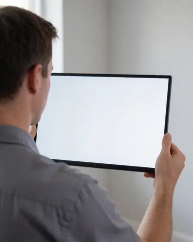 Un technicien en réparation de téléphones tient un nouvel écran devant un mur gris pour le montrer à un client.