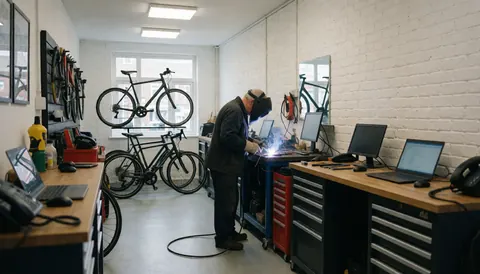 Un homme portant un casque de soudage effectue une réparation sur un vélo dans un atelier aux murs de briques blanches avec d'autres vélos en arrière-plan.