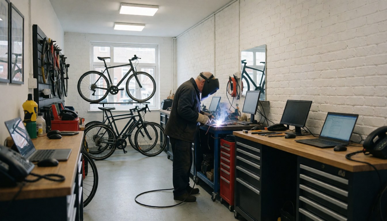 Un homme portant un casque de soudage effectue une réparation sur un vélo dans un atelier aux murs de briques blanches avec d'autres vélos en arrière-plan.