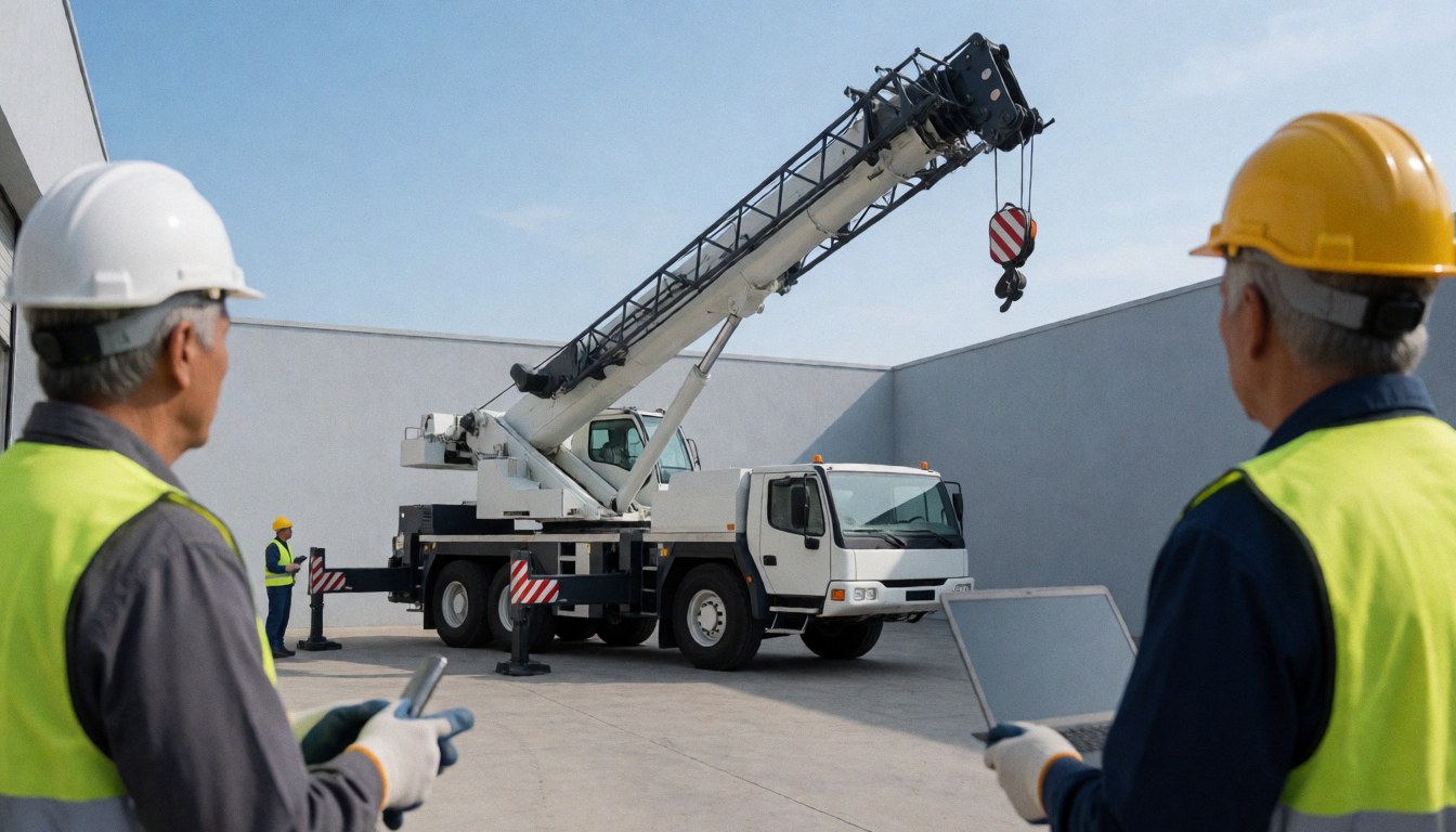Une grue mobile de 25 tonnes est inspectée par des travailleurs portant des casques et des gilets de sécurité sous un ciel clair.