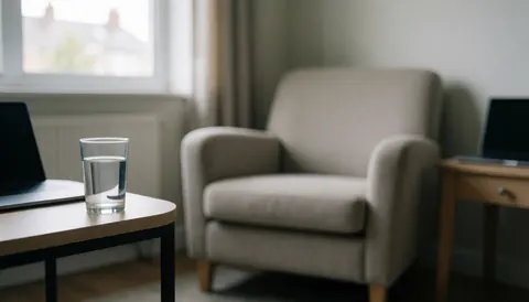 Chaise confortable dans une pièce éclairée par la lumière naturelle, une table avec de l'eau et un ordinateur, idéale pour un fond de texte.