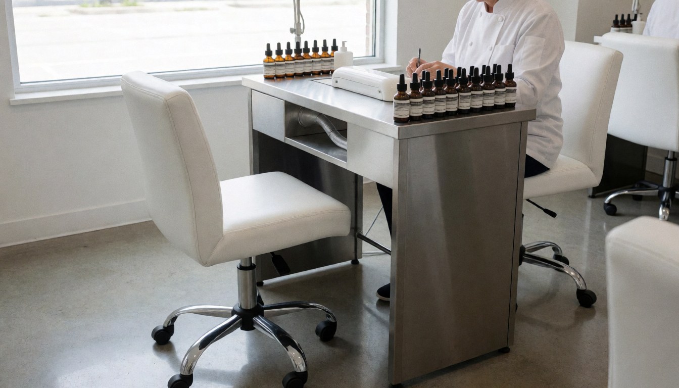 Une professionnelle écrit sur une table de travail dans un salon de manucure, entourée de bouteilles de produits, de chaises blanches et éclairée par la lumière naturelle venant de la fenêtre.