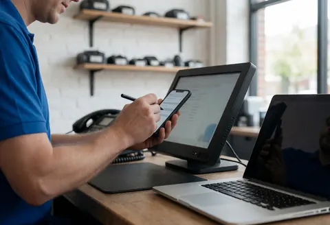 Technicien en atelier de réparation de téléphones, utilisant un stylet sur l'appareil, avec des étagères de pièces et un mur de briques blanches.