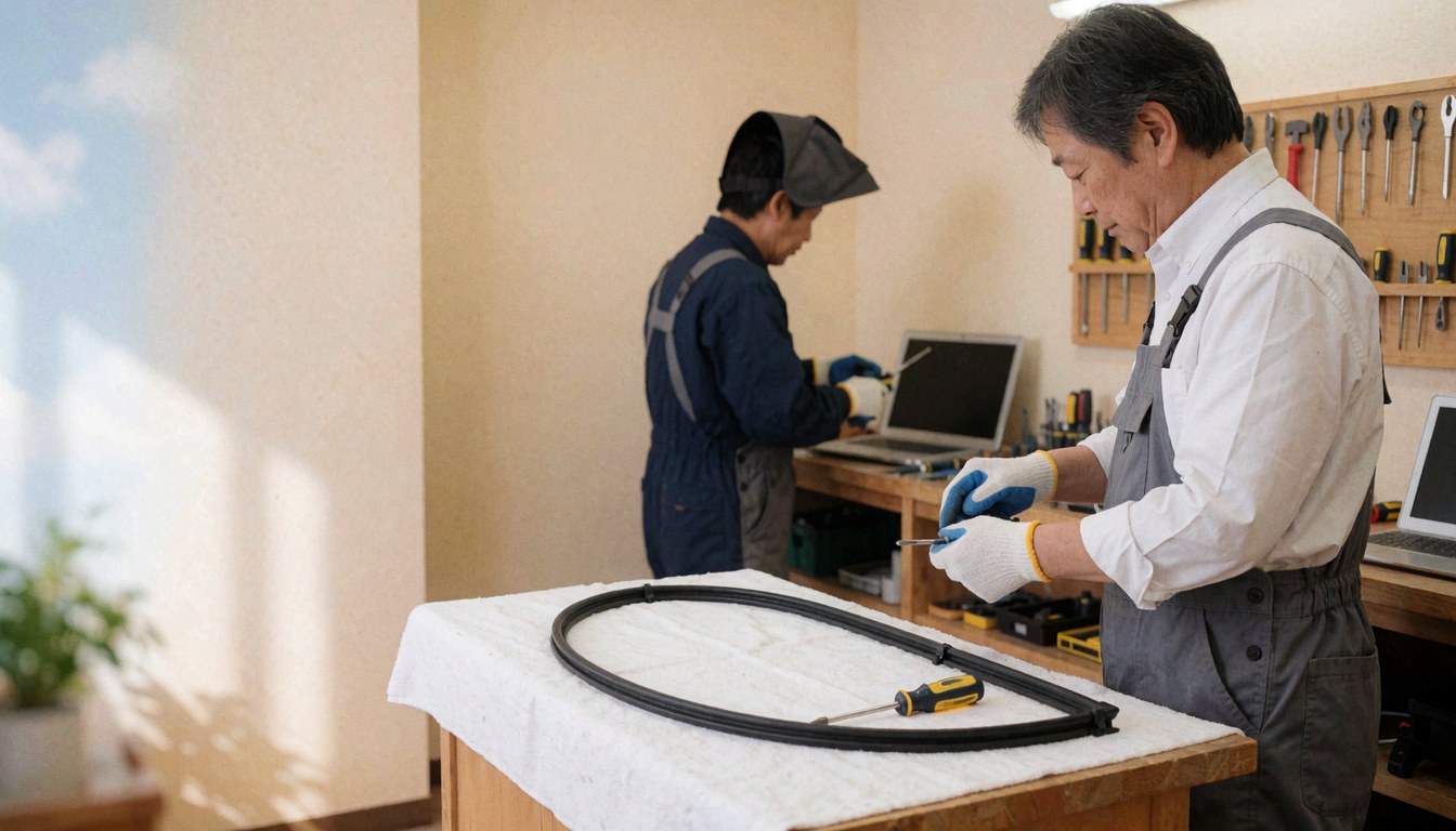 Un technicien effectuant la réparation du joint d'un four à micro-ondes sur une table de travail équipée d'outils et éclairée par la lumière naturelle.