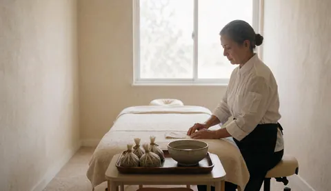 Un thérapeute prépare des sachets d'herbes sèches et un bol d'eau tiède sur une table de massage dans une salle minimaliste éclairée par la lumière naturelle.