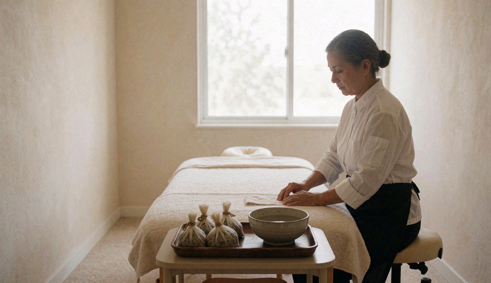Un thérapeute prépare des sachets d'herbes sèches et un bol d'eau tiède sur une table de massage dans une salle minimaliste éclairée par la lumière naturelle.
