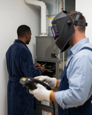 Une cliente en blouse observe un technicien réparer un système de chauffage dans une pièce aux murs blancs.