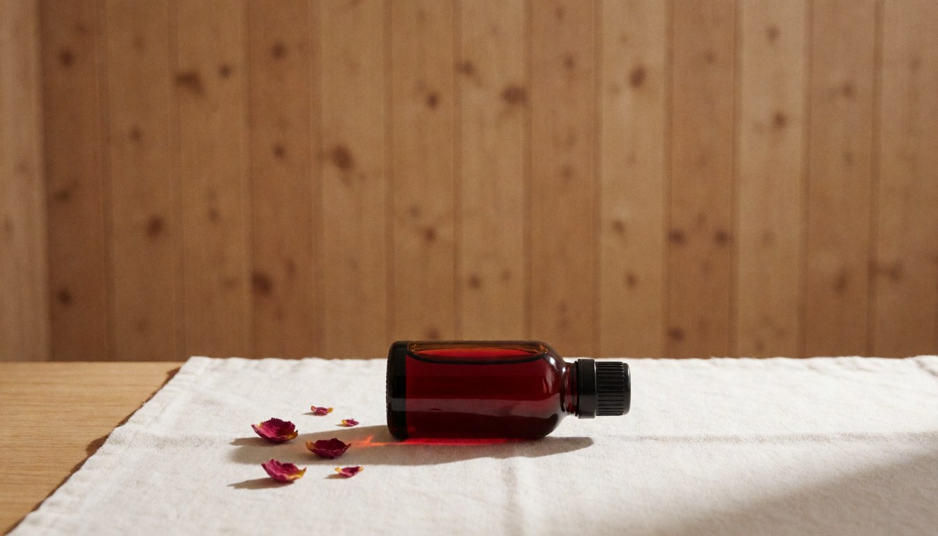 Flacon d'huile de rose musquée posé sur un tissu blanc avec des pétales secs, un mur en bois et une lumière chaude, idéal pour les soins naturels.