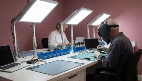 Technicien portant un masque de soudage travaillant sur une imprimante équipée de lumières LED et d'outils de précision sur une table de travail propre.