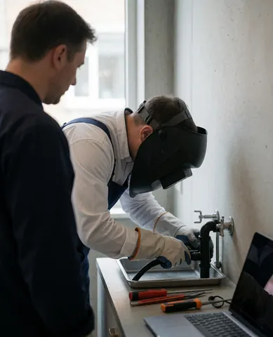 Un technicien portant un casque de soudage effectue une réparation sur une tuyauterie posée dans une baignoire d'écoulement, avec des outils et un ordinateur portable visibles sur un fond de mur en béton.