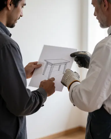 Un client et un artisan vérifient ensemble un dessin technique de table dans un atelier aux murs blancs, illustrant une collaboration pour la conception de meubles sur mesure.