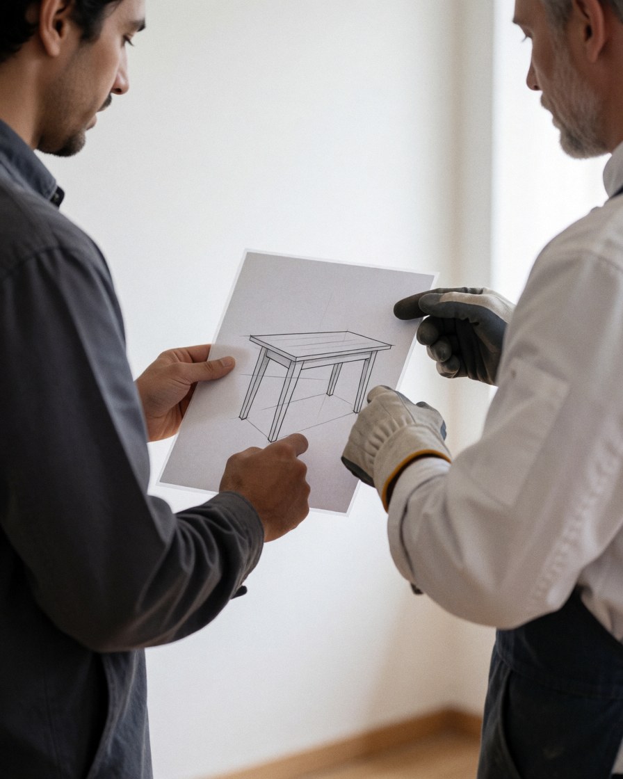 Un client et un artisan vérifient ensemble un dessin technique de table dans un atelier aux murs blancs, illustrant une collaboration pour la conception de meubles sur mesure.