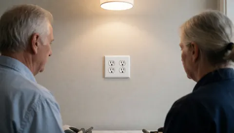 Un électricien professionnel installe une prise blanche sur un mur pendant que deux personnes observent la réalisation du travail sous l'éclairage du plafond.