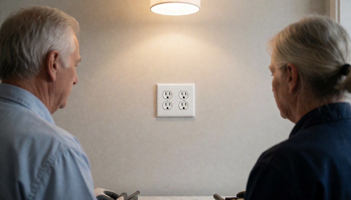 Un électricien professionnel installe une prise blanche sur un mur pendant que deux personnes observent la réalisation du travail sous l'éclairage du plafond.