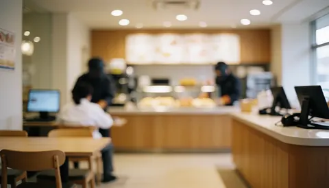 Arrière-plan d'une cafétéria intérieure avec tables en bois, chaises, guichets, tiroirs et luminaires au plafond, idéal pour ajouter du texte.